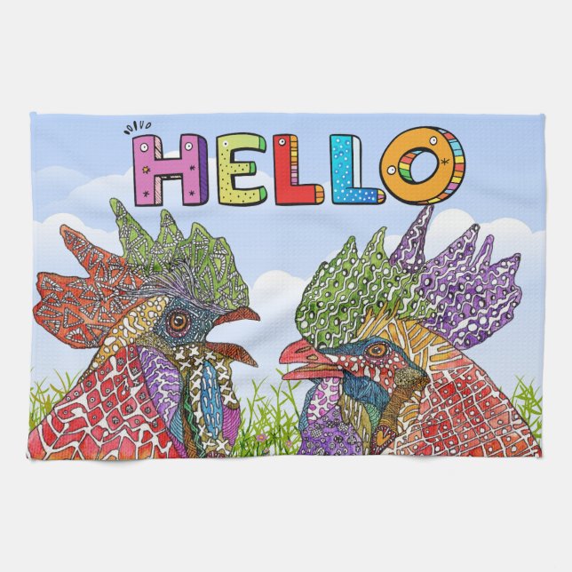 Linge De Cuisine Aquarelle Funny Agritourisme poulet Hello Cuisine  (Horizontal)