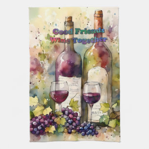 Linge De Cuisine Aquarelle Good Friends Wine Together