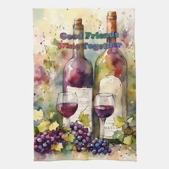 Linge De Cuisine Aquarelle Good Friends Wine Together (Vertical)