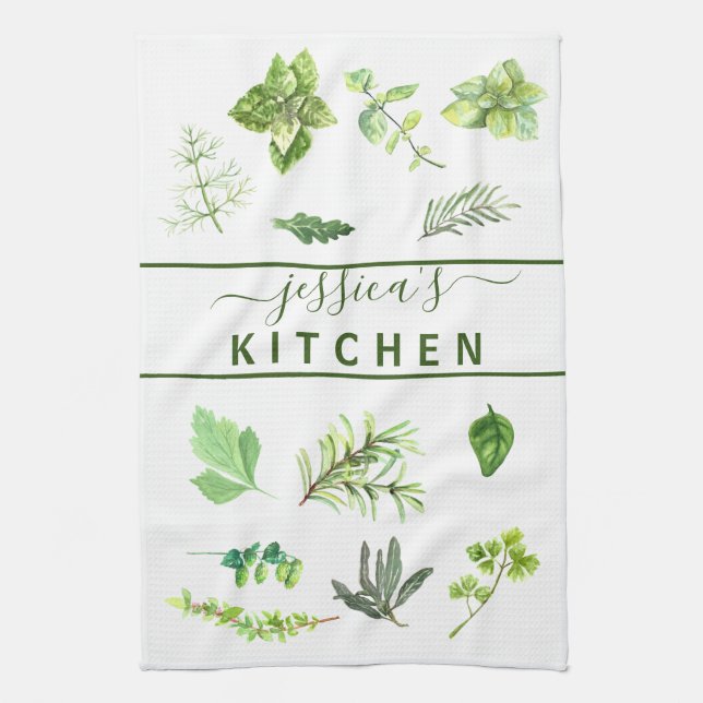 Linge De Cuisine Aquarelle Herbes de cuisine Verdure Personnalisée (Vertical)