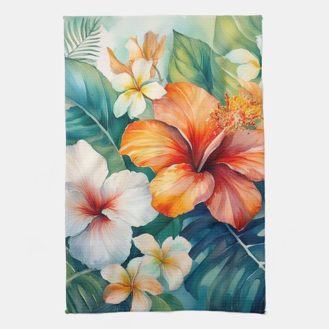 Linge De Cuisine Aquarelle Jardin hawaïen Hibiscus tropical (Vertical)