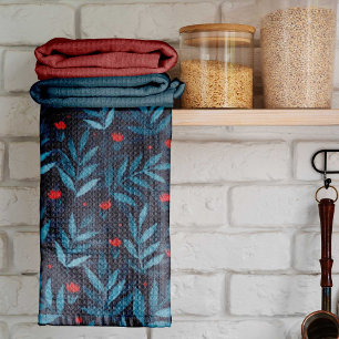 Linge De Cuisine Aquarelle jardin nocturne - turquoise, bleu et rou