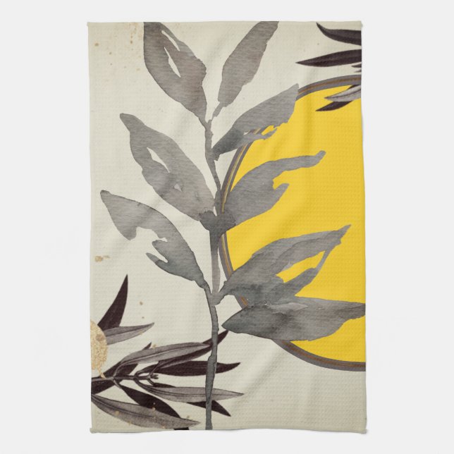 Linge De Cuisine Aquarelle jaune et gris Feuilles (Vertical)