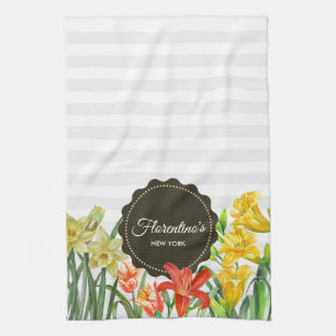Linge De Cuisine Aquarelle Jaune Orange Fleurs de printemps Design