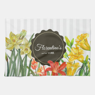 Linge De Cuisine Aquarelle Jaune Orange Fleurs de printemps Design
