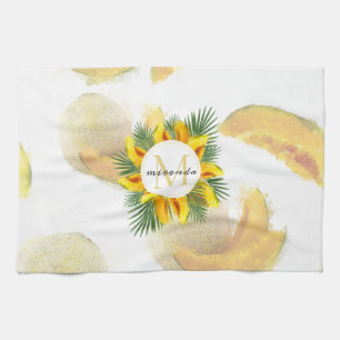 Linge De Cuisine Aquarelle Melon Feuille Tropical Wreath Monogramme