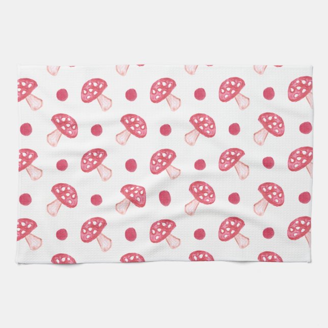 Linge De Cuisine aquarelle mignon champignons rouges et pois (Horizontal)