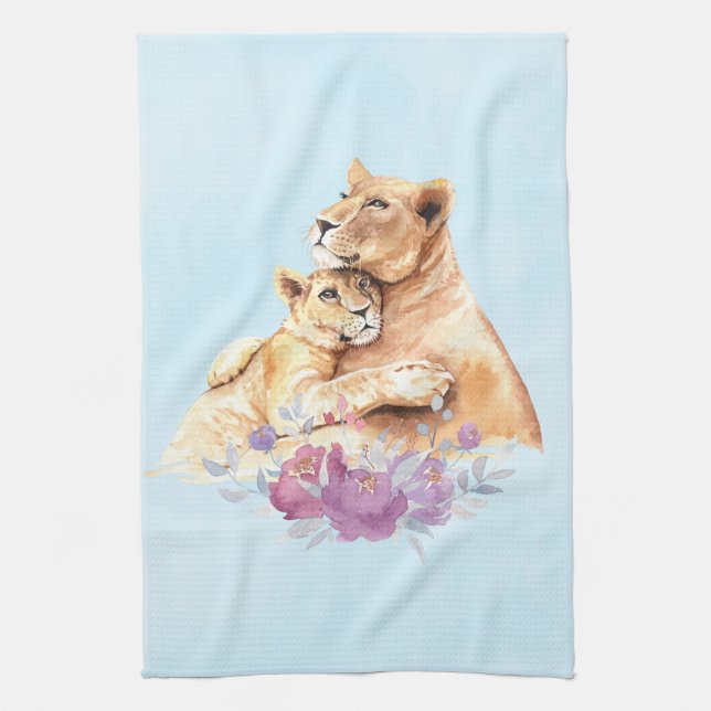 Linge De Cuisine Aquarelle mignonne Mère Lion & Cub (Vertical)