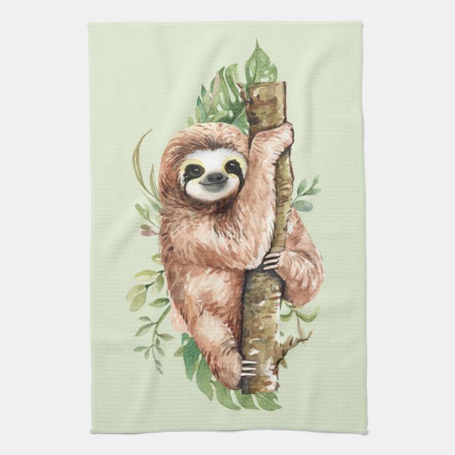 Linge De Cuisine Aquarelle mignonne Sloth & Feuilles tropicaux (Vertical)