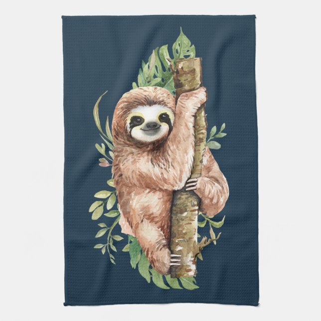 Linge De Cuisine Aquarelle mignonne Sloth & Feuilles tropicaux (Vertical)