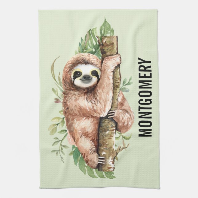Linge De Cuisine Aquarelle mignonne Sloth & Feuilles tropicaux (Vertical)