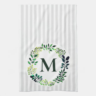Linge De Cuisine Aquarelle moderne Verdure et rayures   Monogramme