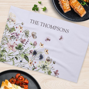 Linge De Cuisine Aquarelle monochrome Fleurs sauvages violets