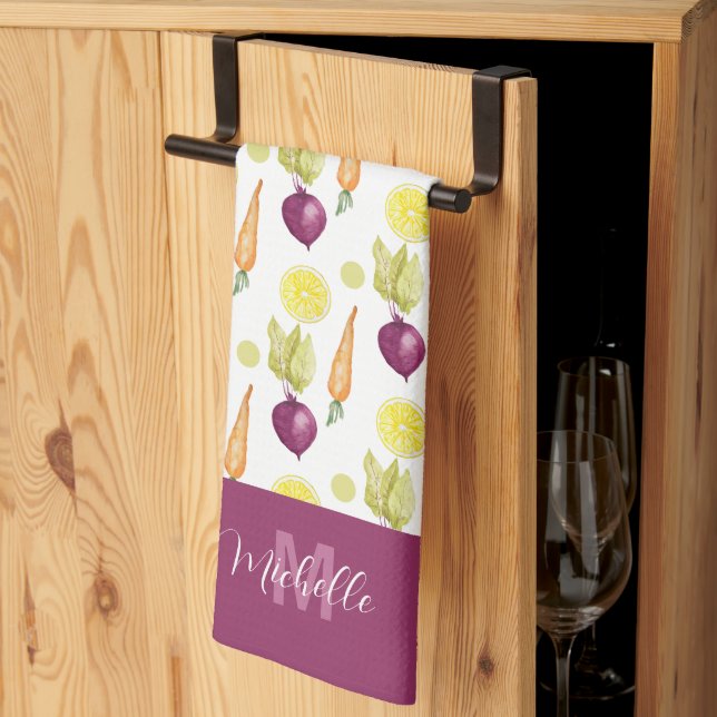 Linge De Cuisine Aquarelle Monogramme de betteraves Citron et carot (Pliage en tiers)