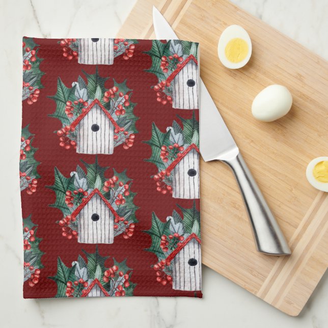 Linge De Cuisine Aquarelle Noël Motif d'oiseaux (Quart Plié)
