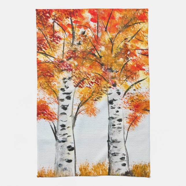 Linge De Cuisine Aquarelle Oiseaux Arbres Automne Orange Feuille (Vertical)