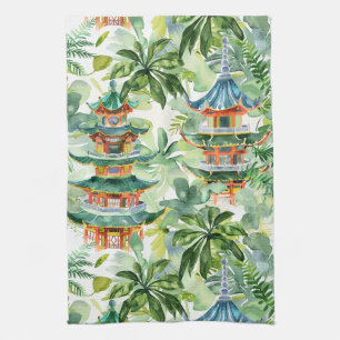 Linge De Cuisine Aquarelle Pagode asiatique dans paysage verdoyant 