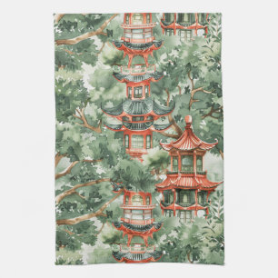 Linge De Cuisine Aquarelle Pagode asiatique dans paysage verdoyant 
