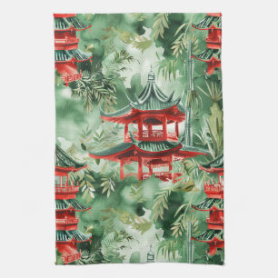 Linge De Cuisine Aquarelle Pagode asiatique dans paysage verdoyant 