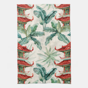 Linge De Cuisine Aquarelle Pagode asiatique dans paysage verdoyant 