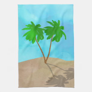 Linge De Cuisine Aquarelle Palm Tree Beach Scene Collage