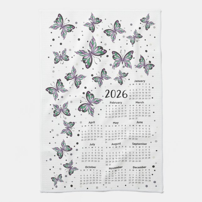 Linge De Cuisine Aquarelle Papillons violets 2026 Calendrier (Vertical)
