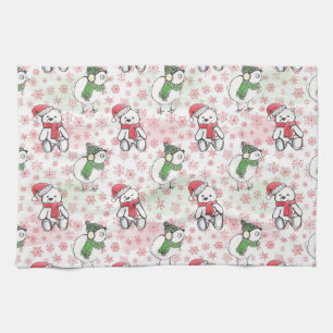 Linge De Cuisine Aquarelle père Noël ours en peluche et oiseaux Noë