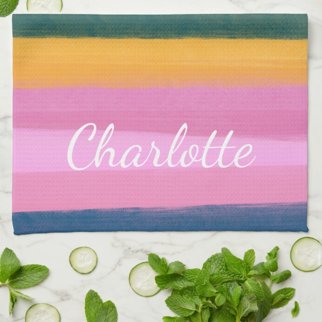 Linge De Cuisine Aquarelle Pinceau rose rayures Personnalisées (Plié)