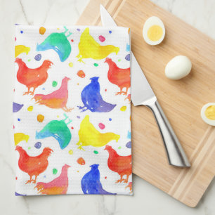 Linge De Cuisine Aquarelle Poulets Couleurs arc-en-ciel