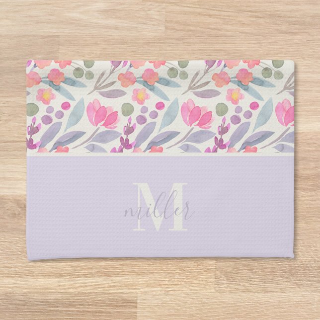 Linge De Cuisine Aquarelle Purple Floral Nom de famille Monogramme (Créateur téléchargé)