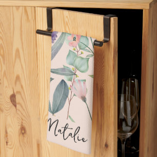 Linge De Cuisine Aquarelle romantique feuillage monogrammée rose