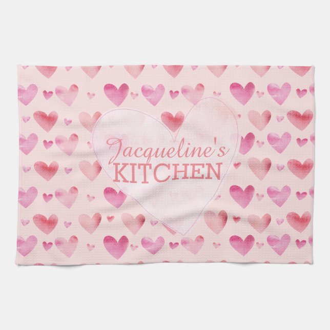 Linge De Cuisine Aquarelle rose Coeurs Valentines Cuisine (Horizontal)