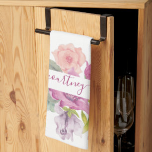 Linge De Cuisine Aquarelle rose et pêche florale personnalisée
