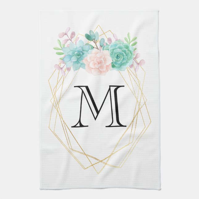 Linge De Cuisine Aquarelle rose et vert moderne Succulents Monogram (Vertical)