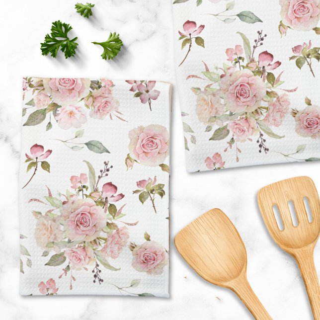 Linge De Cuisine Aquarelle Rose Fleurs Motif Floral (In situ)