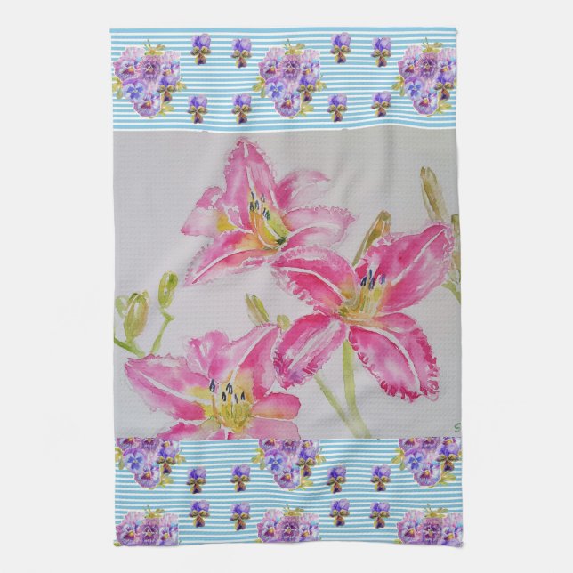 Linge De Cuisine Aquarelle rose Lily Fleur rose Fleur florale (Vertical)