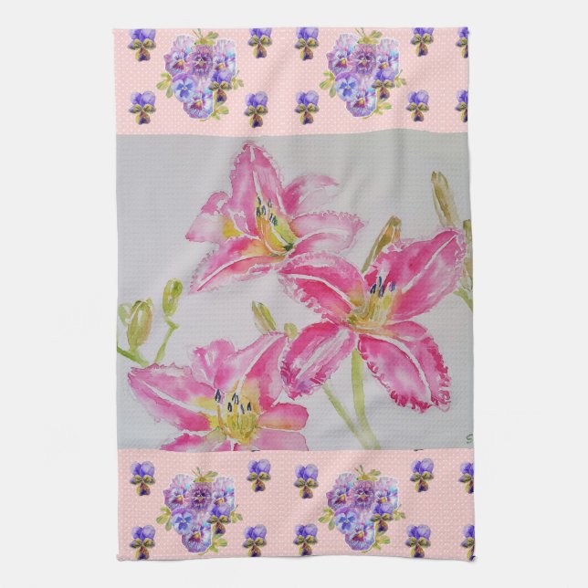 Linge De Cuisine Aquarelle rose Lily Fleur rose Fleur florale Te (Vertical)
