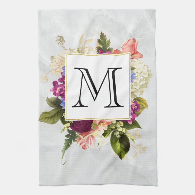 Linge De Cuisine Aquarelle rose moderne Bouquet floral Monogramme (Vertical)