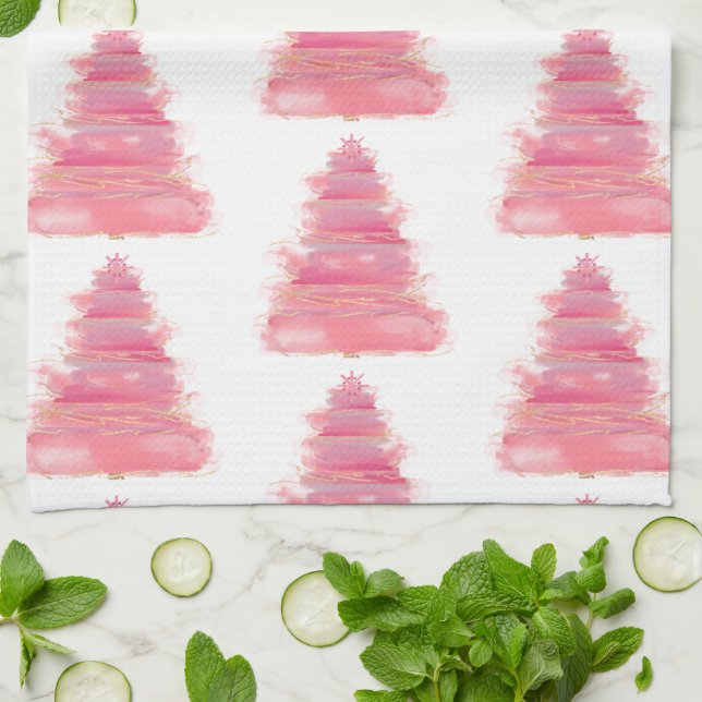 Linge De Cuisine Aquarelle rose Thé de Noël Arbre (Plié)