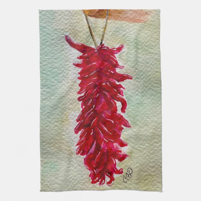Linge De Cuisine Aquarelle Rouge Chili Ristra Nouveau Mexique (Vertical)