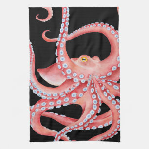 Linge De Cuisine Aquarelle rouge octopique en noir