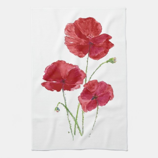 Linge De Cuisine Aquarelle Rouge Pavot Jardin Fleur Art Floral (Vertical)