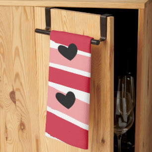 Linge De Cuisine Aquarelle Rouge rose rayures Motif Coeurs noirs