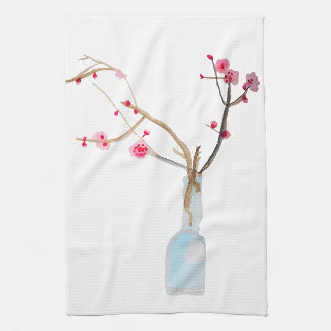 Linge De Cuisine Aquarelle sakura fleurs de cerisier rose (Vertical)