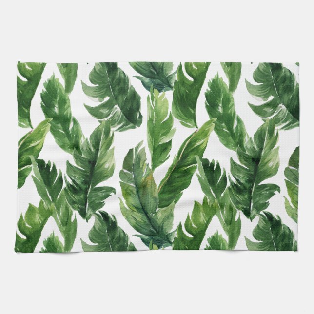 Linge De Cuisine Aquarelle Tropical Greenery Motif Feuille (Horizontal)