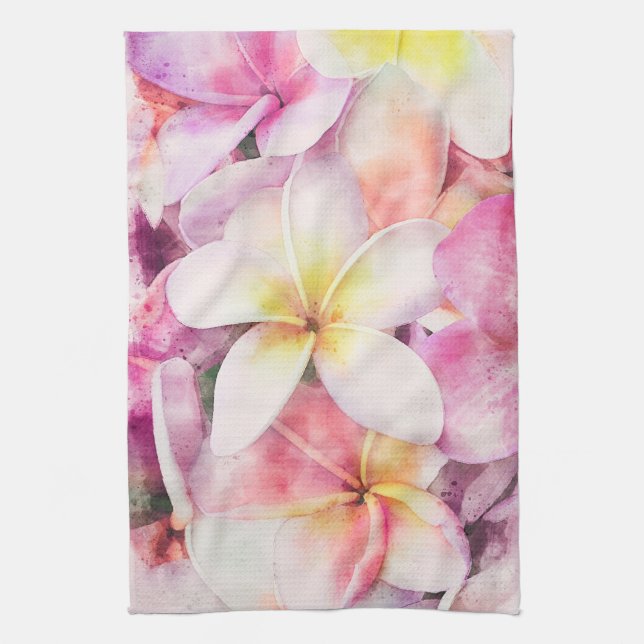 Linge De Cuisine Aquarelle tropicale de la plumeria d'Hawaï (Vertical)