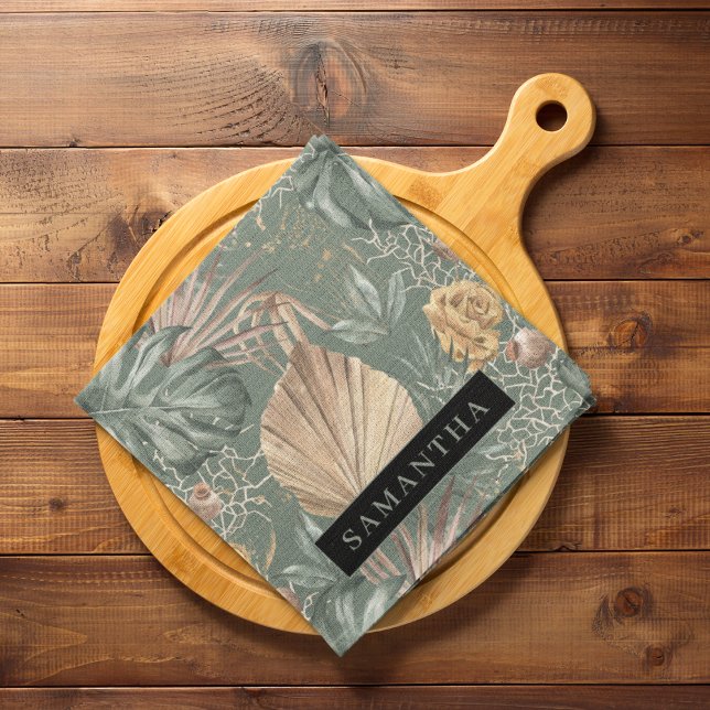 Linge De Cuisine Aquarelle Tropicale Gold & Green Feuille Motif (Créateur téléchargé)