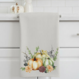 Linge De Cuisine Aquarelle verte Citrouille Gold Dots Automne