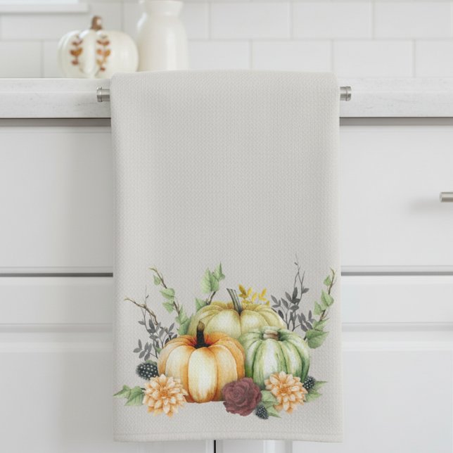 Linge De Cuisine Aquarelle verte Citrouille Gold Dots Automne (Créateur téléchargé)