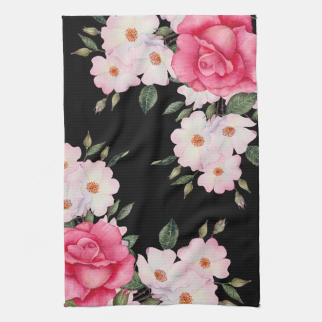 Linge De Cuisine Aquarelle Vibrant rose Roses blanches Moderne Noir (Vertical)
